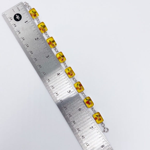 Vintage Sterling Silver Natural Flowers Set In Resin Link Bracelet - Picture 7 of 8